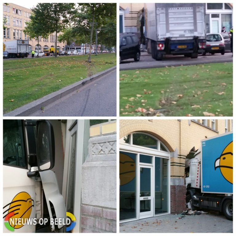 Enorme schade nadat vrachtwagen gevel ramt Westzeedijk Rotterdam