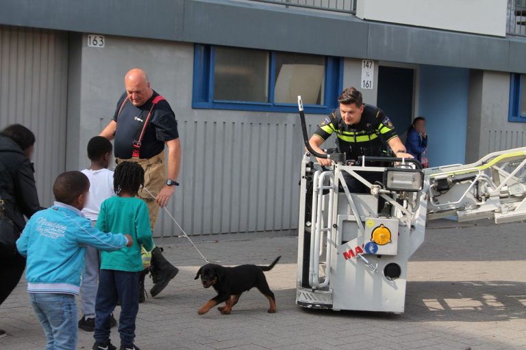 Brandweer en politie halen puppy van balkon Sophoclesstraat Rotterdam