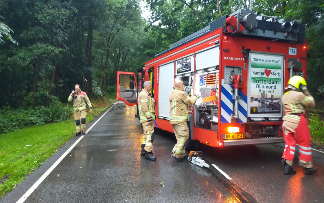 Omgewaaide boom verspert weg Bovendijk Rotterdam