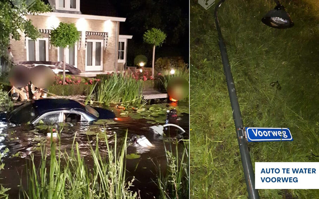 Automobilist onder invloed rijdt lantaarnpaal omver en gaat te water