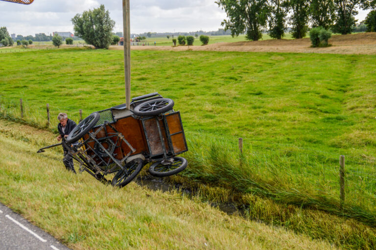 Koets raakt te water nadat paard in paniek raakt; koetsier bekneld onder koets in Maasland