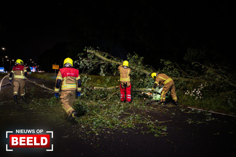 Boom valt om en verspert fietspad en rijbanen Groene Kruisweg Rhoon